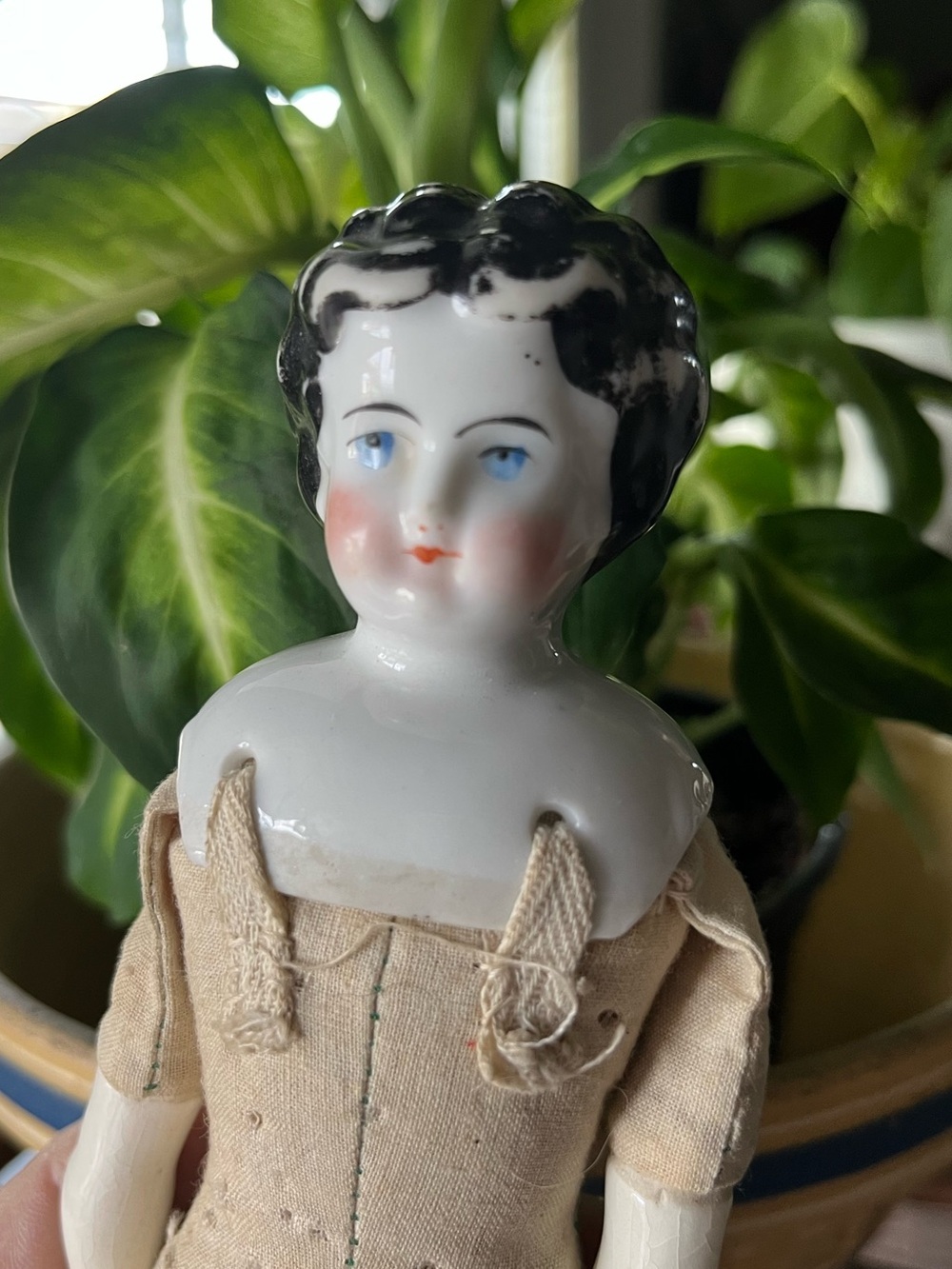 Antique German China Head Doll 9” Porcelain Shoulder Head Cloth Body
